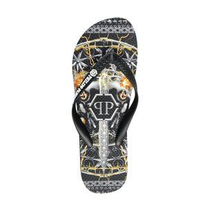 Philipp Plein Black/Multi Rubber Logo Print Flip Flops Shoes